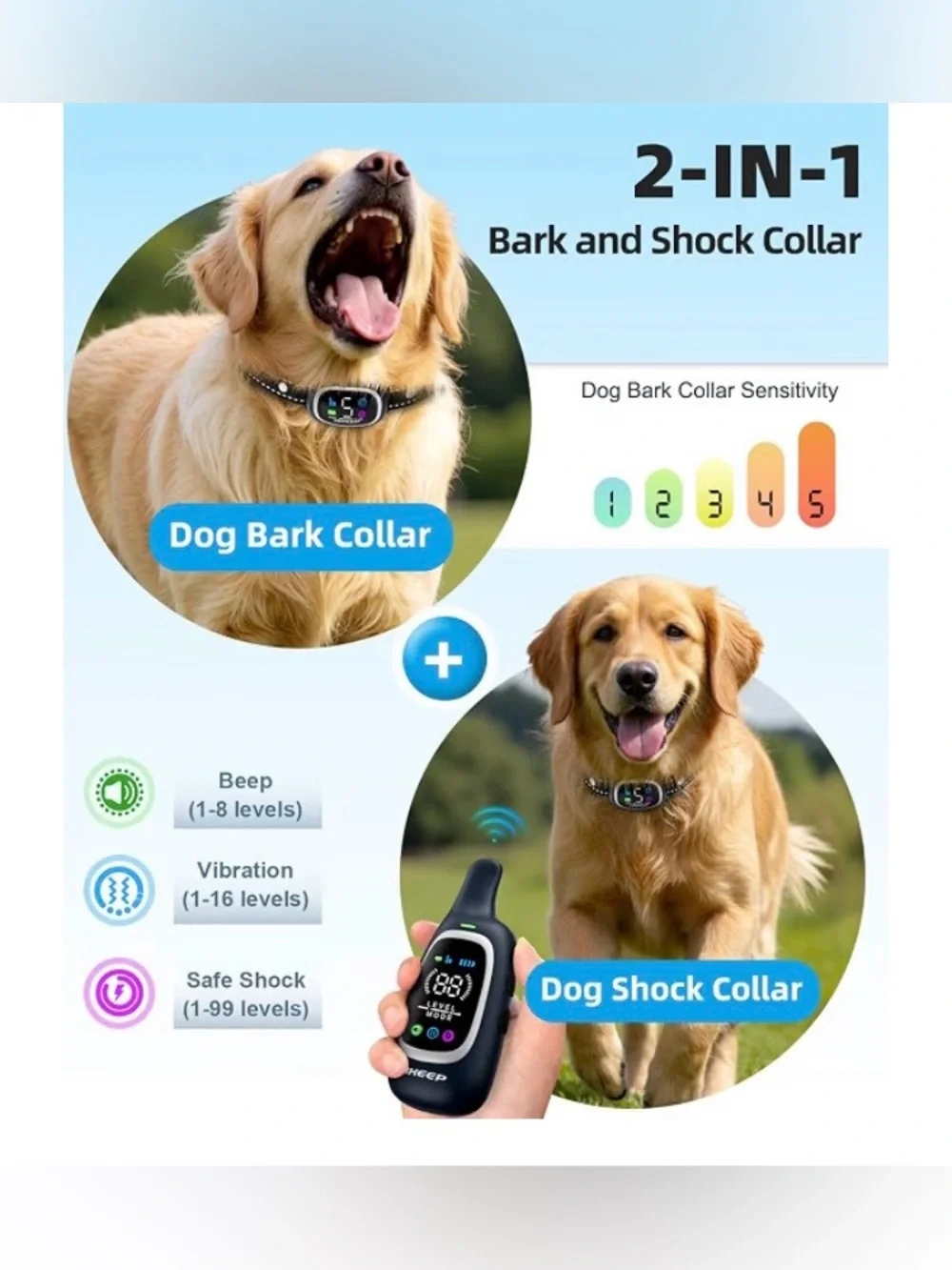2-in-1 Dog Shock Collar &Bark Collar for Dogs ,3300FT Dog Training, SEALED BOX